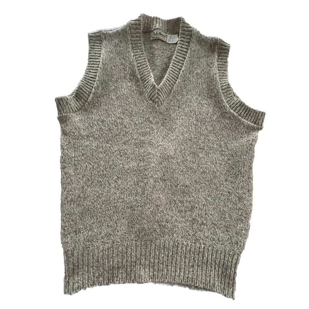 Vintage LL Bean V Neck Sweater Vest Tan Knit Wool Blend Mens Small